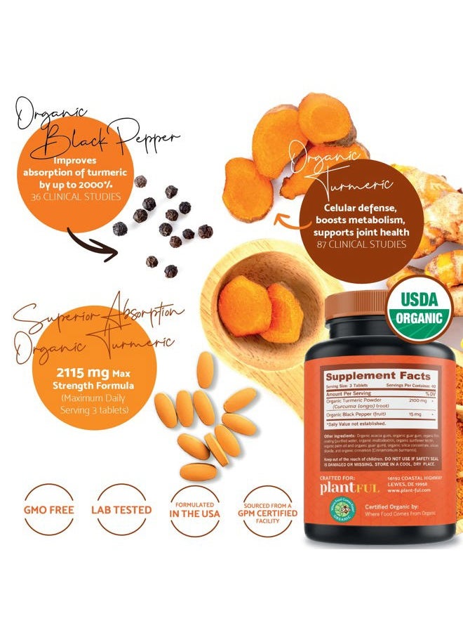 PLANTFUL RESEARCH - Organic Turmeric Supplement with Black Pepper Highest Potency USDA Certified [Non-GMO Organic Curcumin 2115mg] Antioxidant Joint & Immune Support 120 Tablets - Image 1