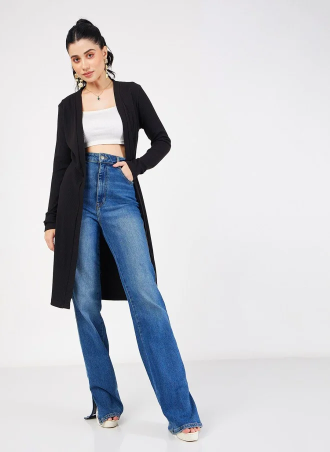 SASSAFRAS Black Ribbed Knitted Open Front Shrug for Women