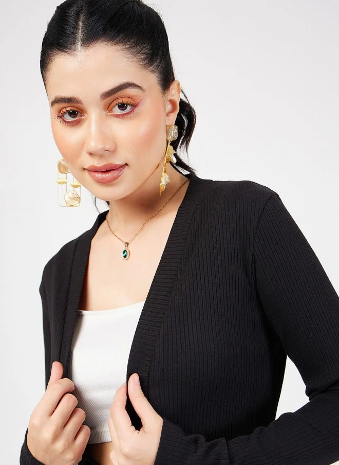 SASSAFRAS Black Ribbed Knitted Open Front Shrug for Women