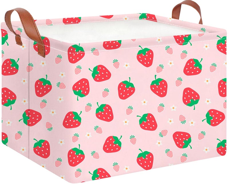 CLOCOR Rectangular Storage Basket,Collapsible Cute Pattern Storage Bin,Waterproof Books Box with Handles,Gift Basket(Strawberry) - Image 1