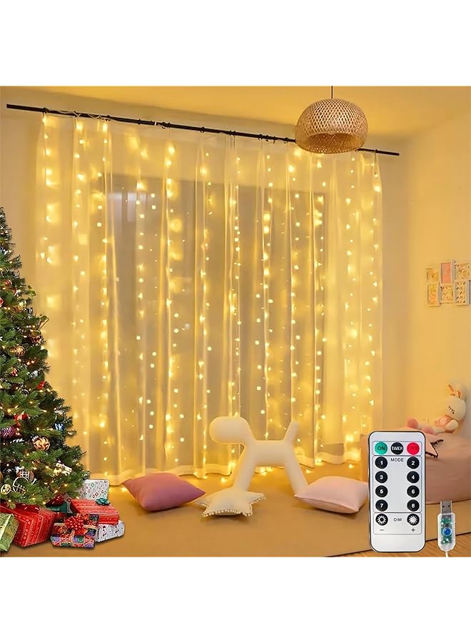 The Bros أضواء الستائر لغرفة النوم، أضواء متلألئة 300 LED قابلة للتعتيم لأضواء الجنيات للخلفية مع جهاز تحكم عن بعد ومؤقت، 8 أوضاع، تعمل لحفلة الهالوين والزفاف والحديقة المنزلية والجدار (أبيض دافئ) - Image 1
