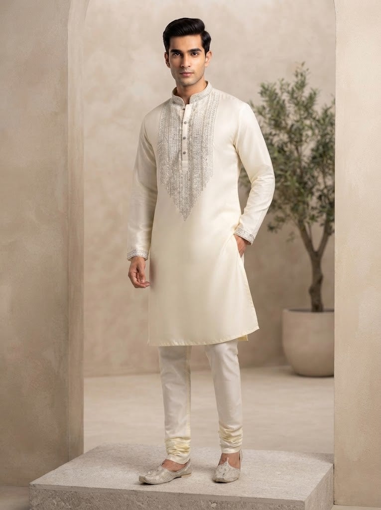 VINY Off White 2-Piece Embroidered Yoke Kurta Churidar Set – Men's Indian Ethnic Wear - Image 1
