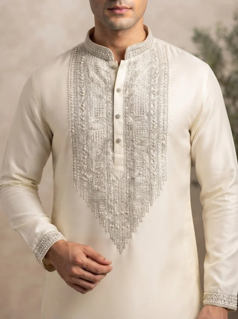 Viny VINY Off White 2-Piece Embroidered Yoke Kurta Churidar Set – Men's Indian Ethnic Wear