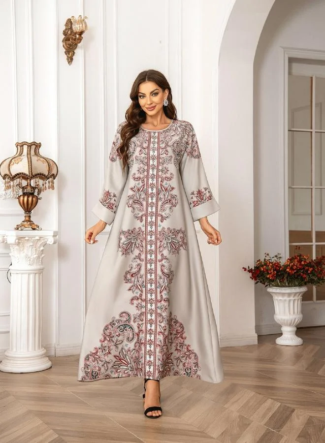 Take Two Floral Print Embellished Faux Pearl Detail Jalabiya