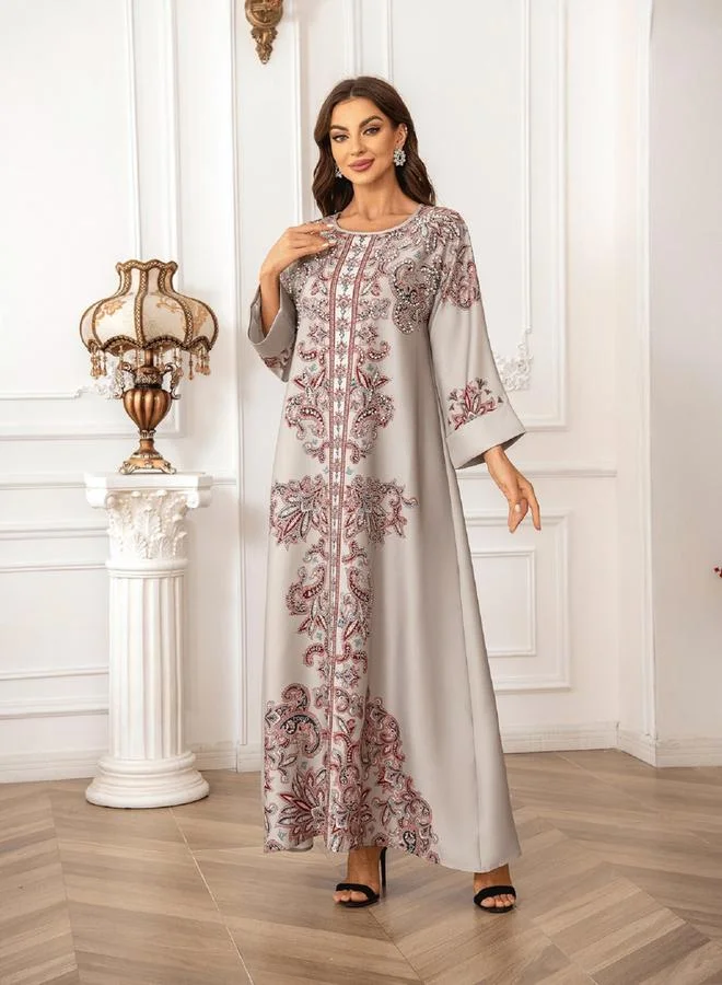 Take Two Floral Print Embellished Faux Pearl Detail Jalabiya