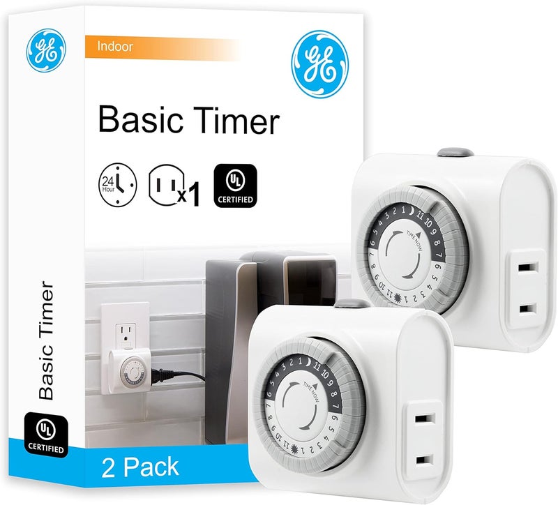 GE Mechanical Polarized Outlet Timer, Single Plug with 2 Prongs, 24 Hour Cycle, Indoor Use for Lights, Lamps, Fans, Appliances, Christmas Tree, 2 Pack, 56177 - Image 1