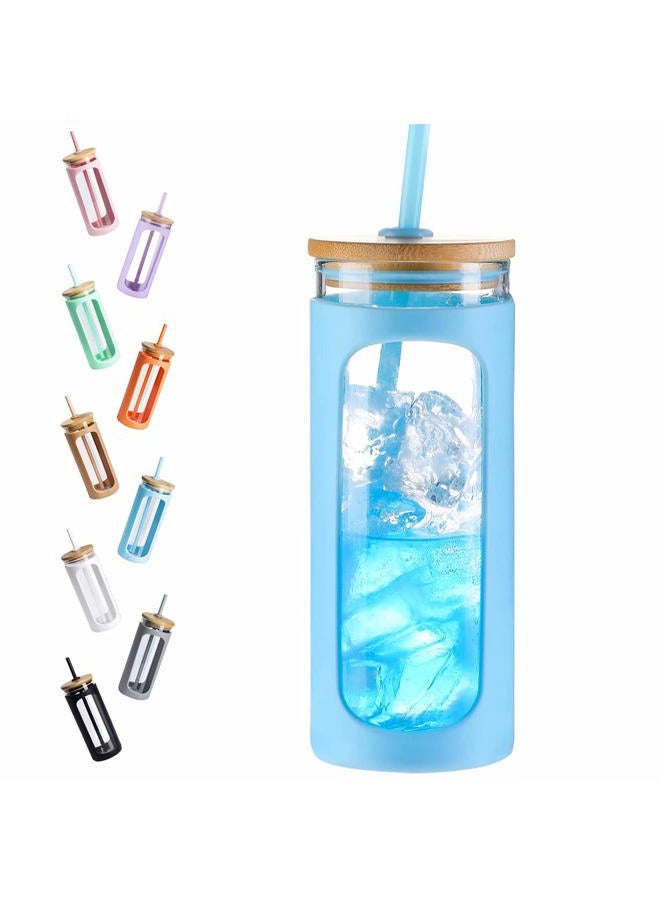 Kodrine 20oz Glass Water Tumble with Straw and Lid,Bamboo Lids Water Bottle, Iced Coffee Cup Reusable, Wide Mouth Smoothie Cups, Straw Silicone Protective Sleeve BPA FREE-Light Bule - Image 1