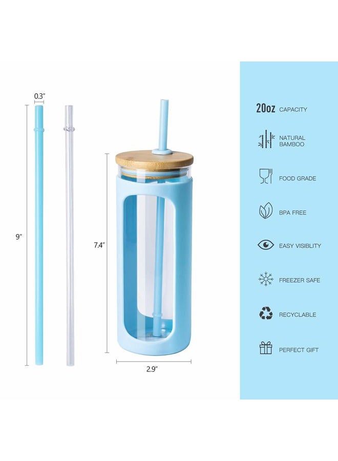 Kodrine 20oz Glass Water Tumble with Straw and Lid,Bamboo Lids Water Bottle, Iced Coffee Cup Reusable, Wide Mouth Smoothie Cups, Straw Silicone Protective Sleeve BPA FREE-Light Bule - Image 2