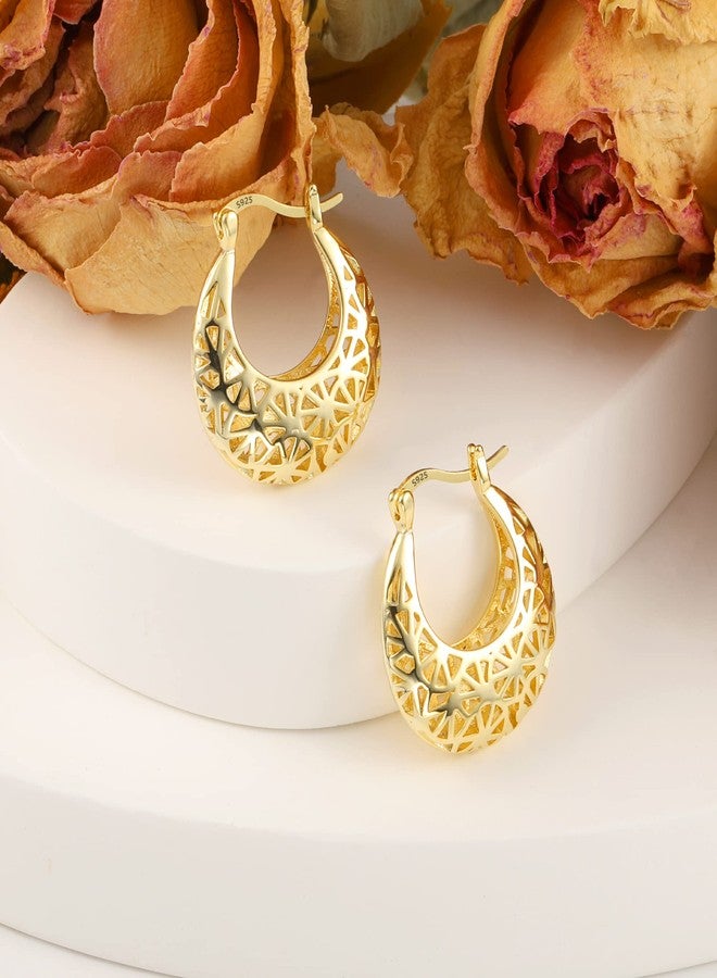 أليكس كرافت أقراط حلقية ذهبية مزخرفة من ALEXCRAFT للنساء، مطلية بذهب عيار 14 قيراط، متوسطة الحجم، مضادة للحساسية، أقراط مميزة - Image 4