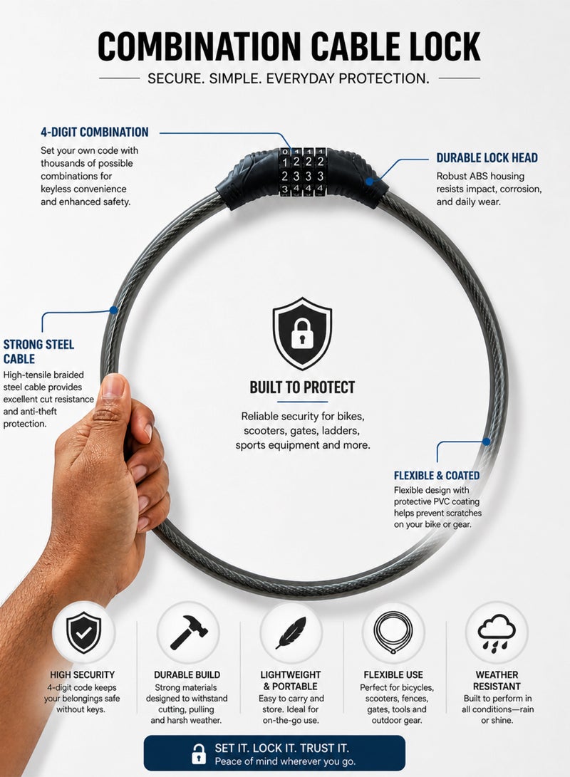 DBLEW Bicycle Combination Lock – Durable 4-Digit Code Lock for Bikes, Scooters & E-Bikes, Anti-Theft Steel Cable - Image 3