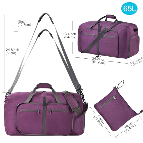 Felipe Varela 65L Duffle Bag with Shoes Compartment, Foldable Waterproof Travel Duffel Bags Duffle Overnight Weekend Travel Gym Bag for Men Women(Deep Purple) - Image 3