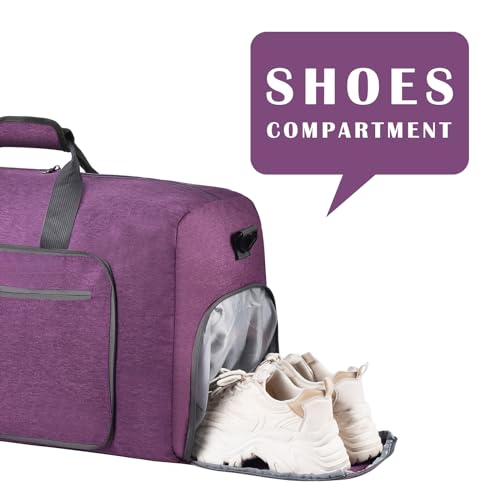 Felipe Varela 65L Duffle Bag with Shoes Compartment, Foldable Waterproof Travel Duffel Bags Duffle Overnight Weekend Travel Gym Bag for Men Women(Deep Purple) - Image 5