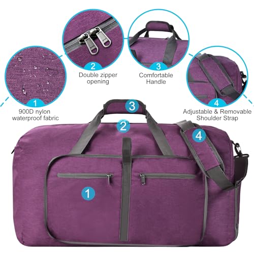 Felipe Varela 65L Duffle Bag with Shoes Compartment, Foldable Waterproof Travel Duffel Bags Duffle Overnight Weekend Travel Gym Bag for Men Women(Deep Purple) - Image 4