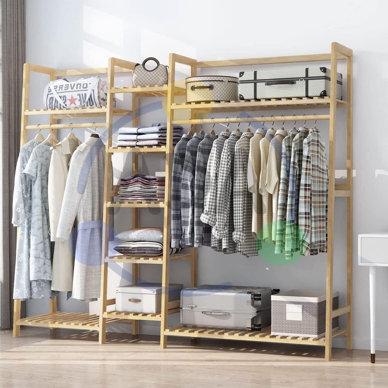 ADA حامل الملابس المزدوج من الخيزران القوي ADA مع قضيبين، خزانة ملابس قائمة بذاتها لتنظيم تعليق المعاطف لغرفة النوم وغرفة المعيشة ومدخل المنزل بني 160x37x141 سم - Image 1