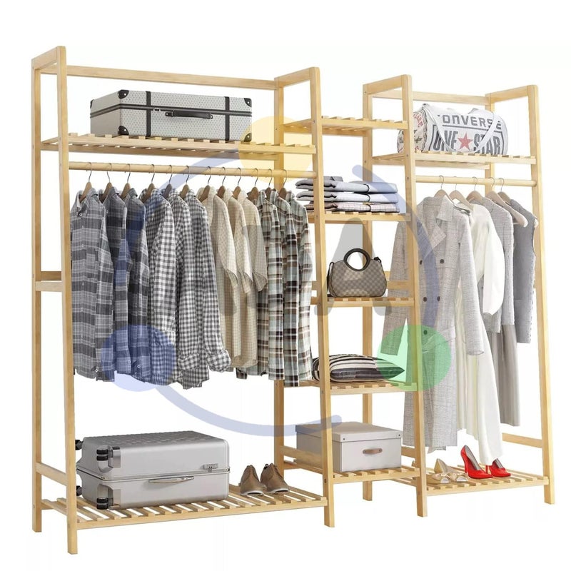 ADA حامل الملابس المزدوج من الخيزران القوي ADA مع قضيبين، خزانة ملابس قائمة بذاتها لتنظيم تعليق المعاطف لغرفة النوم وغرفة المعيشة ومدخل المنزل بني 160x37x141 سم - Image 2