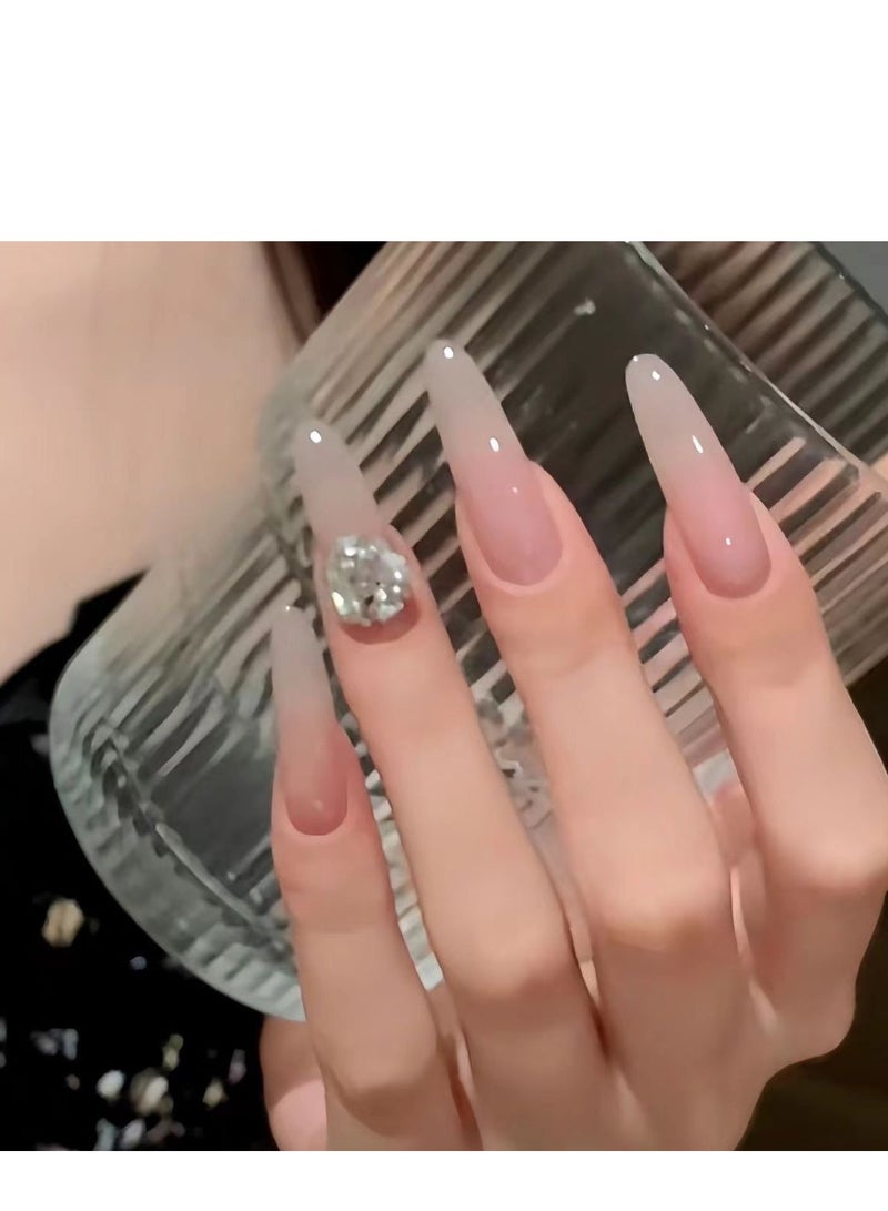 Captaintech Press On Nails,Handcrafted Transparent Nude K9 Sparkling Diamond Ball Finished Nail Stickers for Natural Whitening Medium Length, With Glue Kit. - Image 5