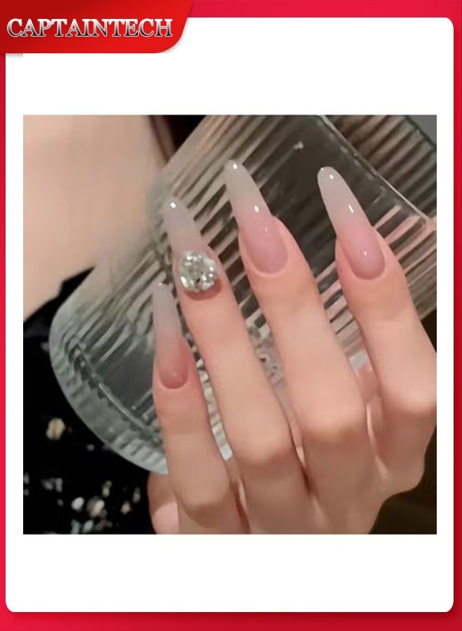 Captaintech Press On Nails,Handcrafted Transparent Nude K9 Sparkling Diamond Ball Finished Nail Stickers for Natural Whitening Medium Length, With Glue Kit. - Image 1