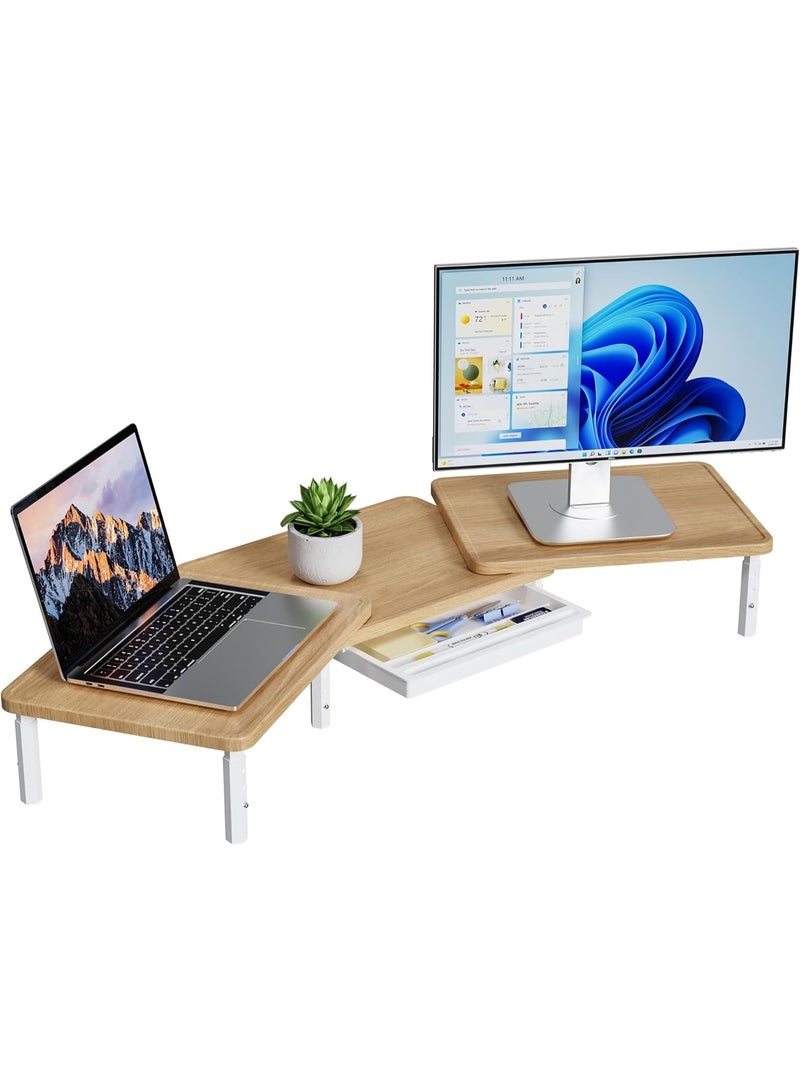 ETHU Dual Monitor Stand - 3 Adjustable Height & Extendable Width Desktop Riser with Storage Drawer, Holds 50KG, Fits 2 Monitors, Laptop & Printer for Home Office, Maple - Image 1