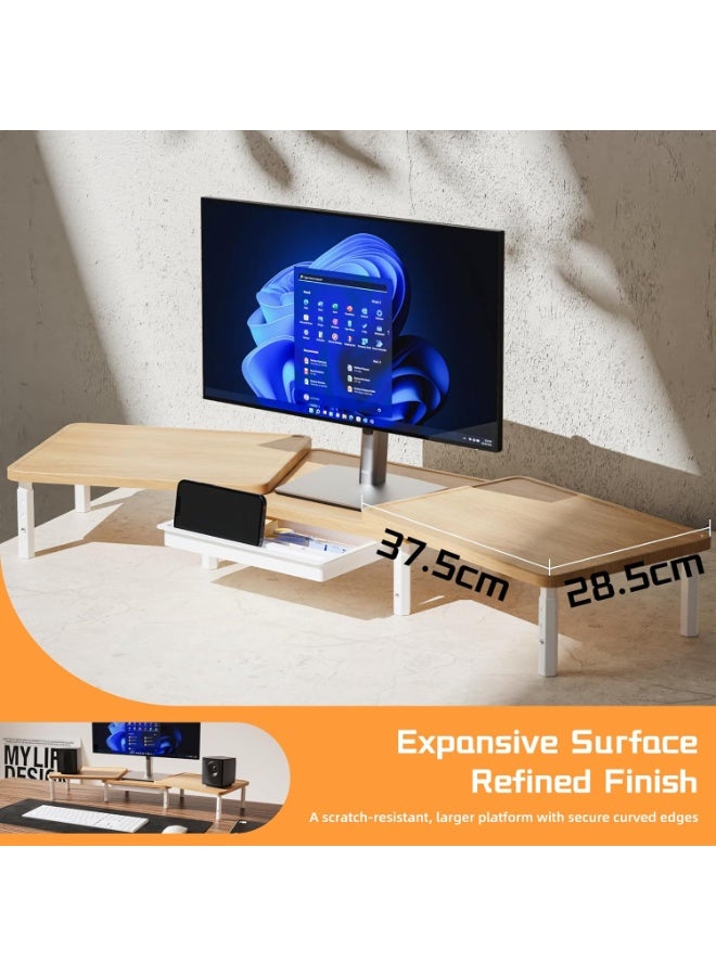 ETHU Dual Monitor Stand - 3 Adjustable Height & Extendable Width Desktop Riser with Storage Drawer, Holds 50KG, Fits 2 Monitors, Laptop & Printer for Home Office, Maple - Image 4