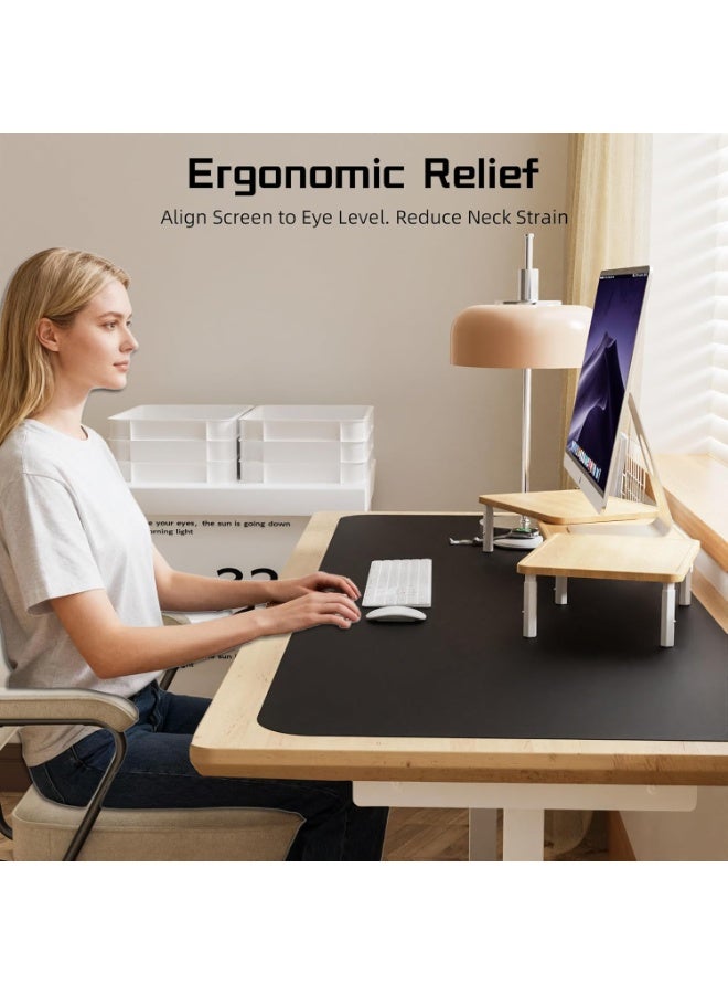 ETHU Dual Monitor Stand - 3 Adjustable Height & Extendable Width Desktop Riser with Storage Drawer, Holds 50KG, Fits 2 Monitors, Laptop & Printer for Home Office, Maple - Image 3