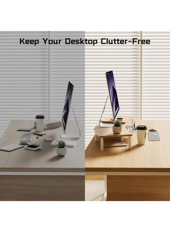 ETHU Dual Monitor Stand - 3 Adjustable Height & Extendable Width Desktop Riser with Storage Drawer, Holds 50KG, Fits 2 Monitors, Laptop & Printer for Home Office, Maple - Image 2