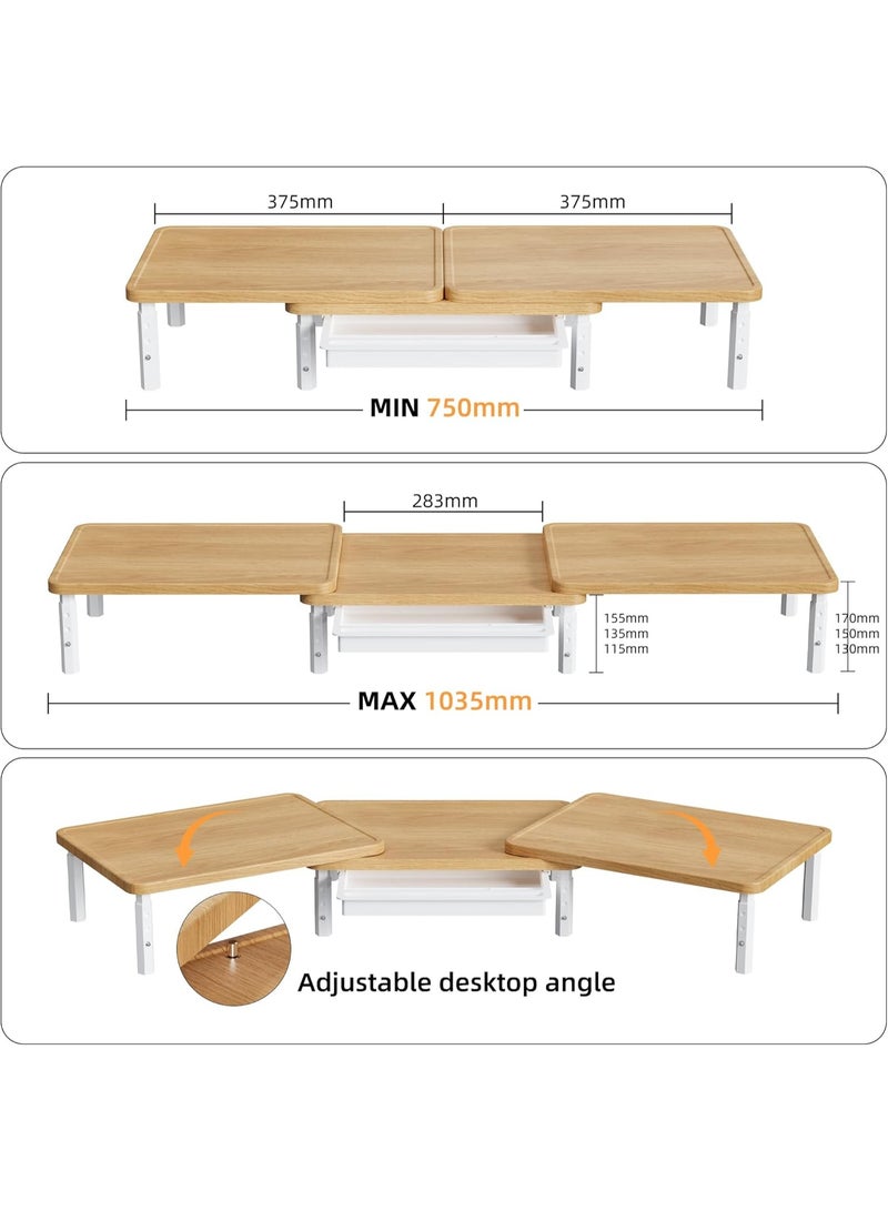 ETHU Dual Monitor Stand - 3 Adjustable Height & Extendable Width Desktop Riser with Storage Drawer, Holds 50KG, Fits 2 Monitors, Laptop & Printer for Home Office, Maple - Image 5