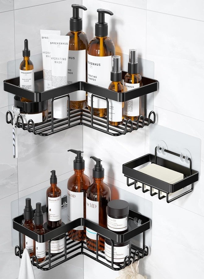 YASONIC Corner Adhesive Shower Caddy, with Soap Holder and 12 Hooks, Rustproof Stainless Steel Bathroom Organizer, No Drilling Wall Mounted Rack, Black, 3-Pack - Image 1