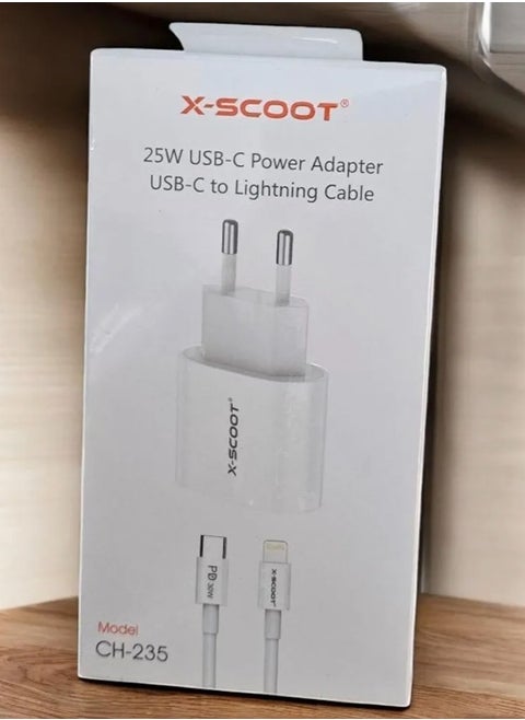 X-SCOOT CH-235 25W PD Fast Charger, 25W USB-C Power Adapter with USB-C to Lightning Cable - White