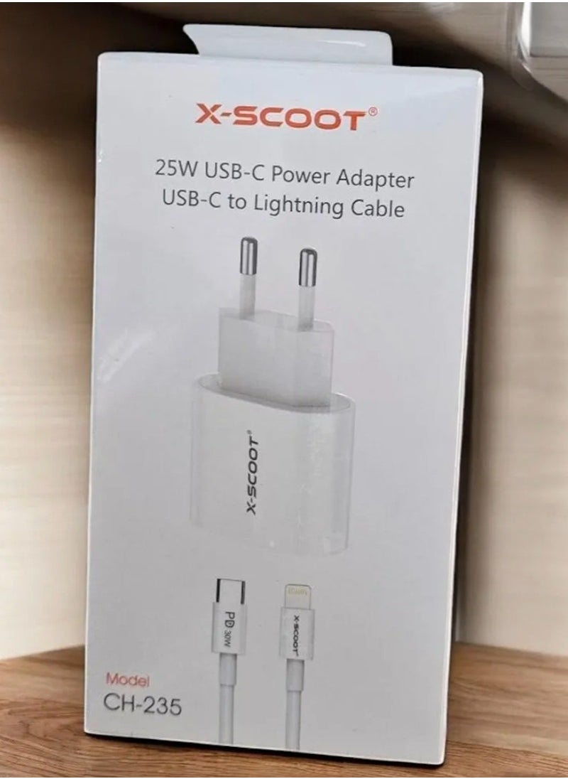 X-SCOOT - X-SCOOT CH-235 25W PD Fast Charger, 25W USB-C Power Adapter with USB-C to Lightning Cable - White - Image 1
