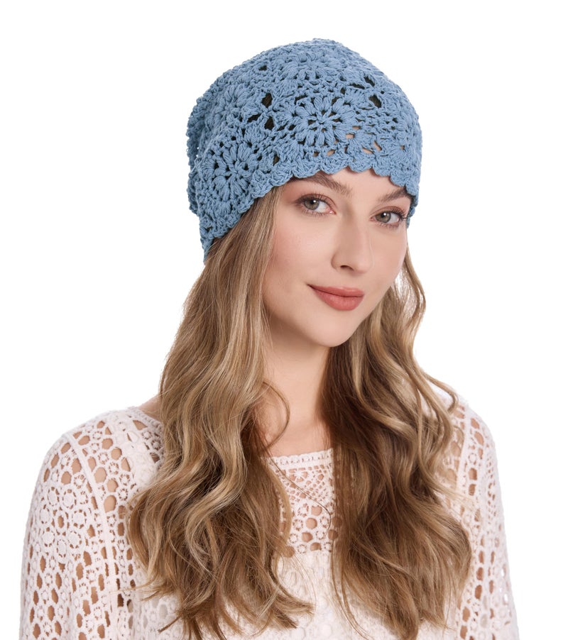 ZLYC Women Cotton Crochet Slouchy Beanie Hat Handmade Knit Summer Skull Cap, Solid Mild Blue - Image 2