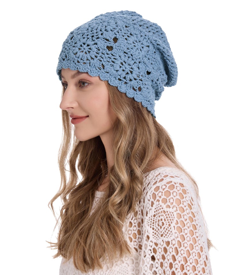 ZLYC Women Cotton Crochet Slouchy Beanie Hat Handmade Knit Summer Skull Cap, Solid Mild Blue - Image 3