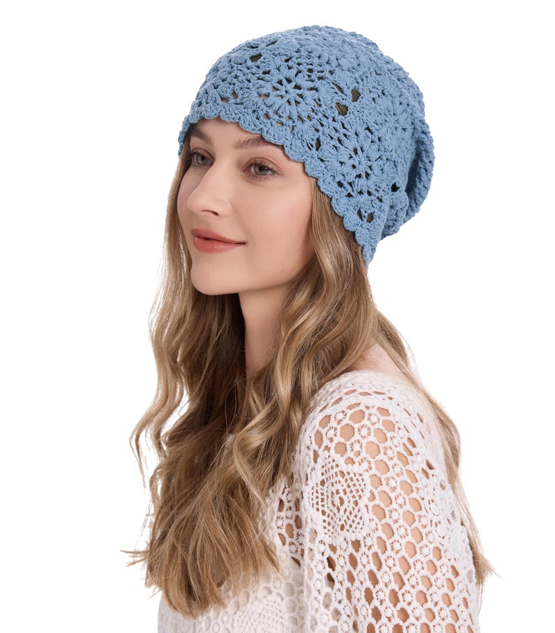 ZLYC Women Cotton Crochet Slouchy Beanie Hat Handmade Knit Summer Skull Cap, Solid Mild Blue - Image 1