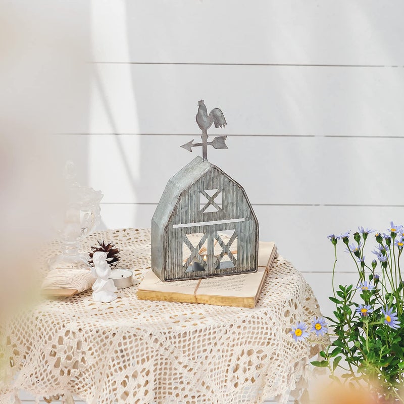Synovana Barn Shaped Tea Light Candle Holder Farmhouse Galvanized Metal Candle Holder Vintage Decorative Tealight Holder for Table Centerpiece Decoration - 5.24" x 1.97" x 9.25" - Image 5