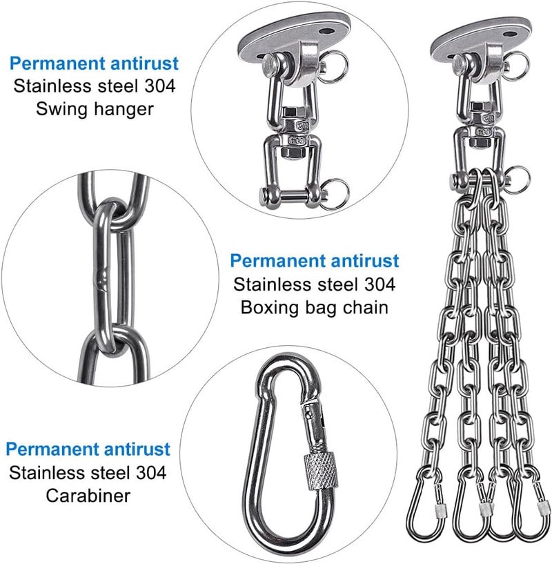 BeneLabel Stainless Steel Heavy Duty Punching Bag Hanger with Chains, Removable Adjustment Chain Size, 360° Rotation Swing Hook, 4 Carabiners, 2 Screws, 800 LB Capacity - Image 4