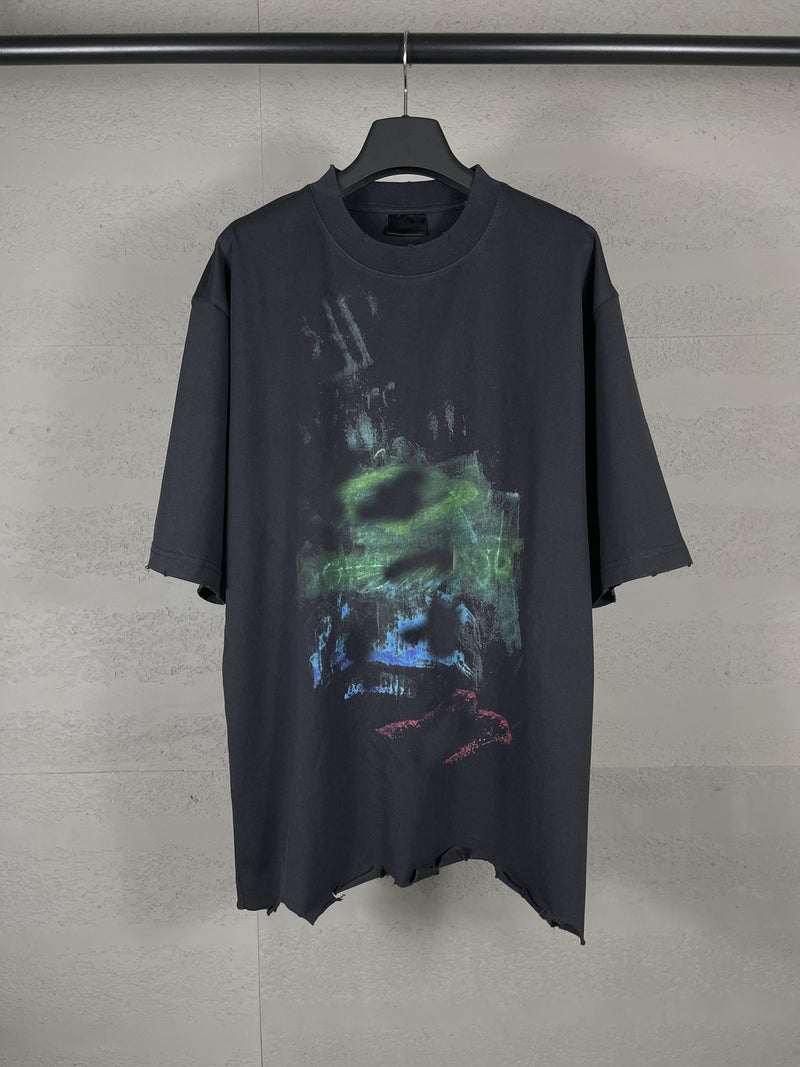 Generic High version Paris B 25SS new fuzzy printing washing water grinding damage to the old short sleeve T-shirt manufacturers straight out Black