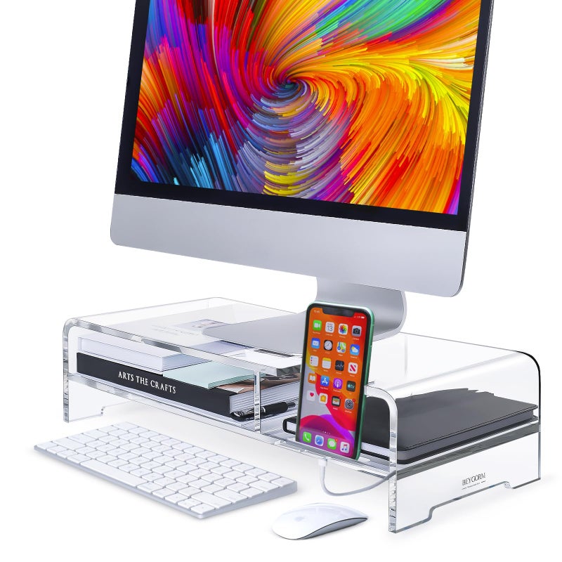 BEYGORM Acrylic Monitor Stand for Full Keyboard 20 Wide 2Tier Riser with Storage Shelf and Phone Holder Desktop Organizer for Laptop Printer Screen Clear