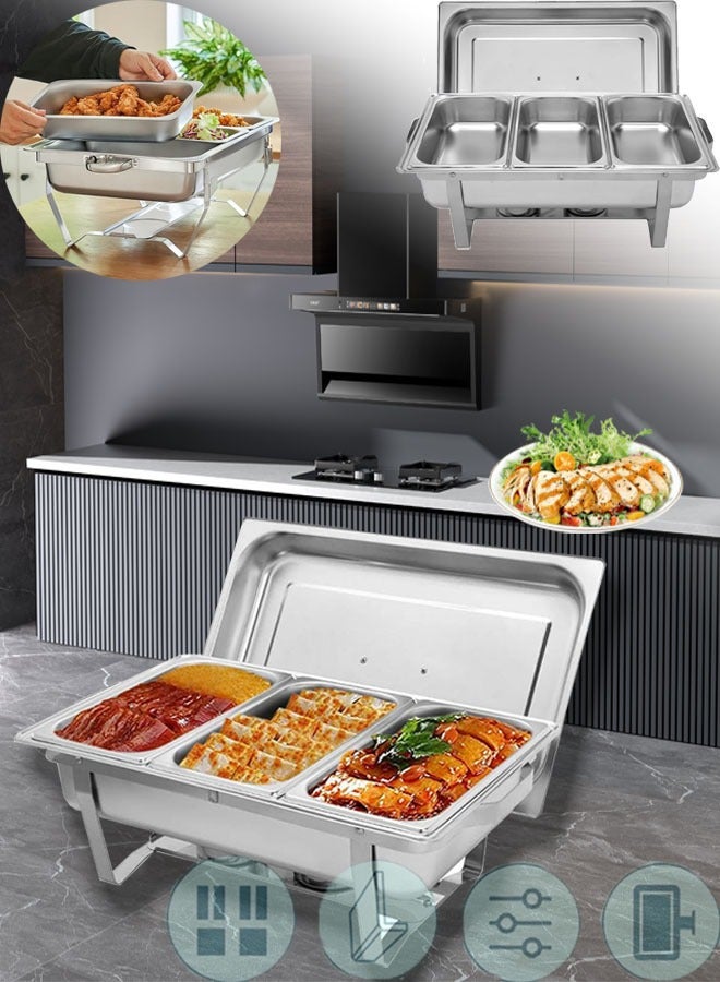 Chafing Dish Buffet Set Catering Serve Food Warmer Stainless Steel Rectangular Buffet Stove with Food Pans Lid Foldable Frame Chafer Buffet Warmer Set for Weddings Party Banquet Restaurant 11 Liter Silver 55.2x35.2x26.3 centimeter  - Image 1