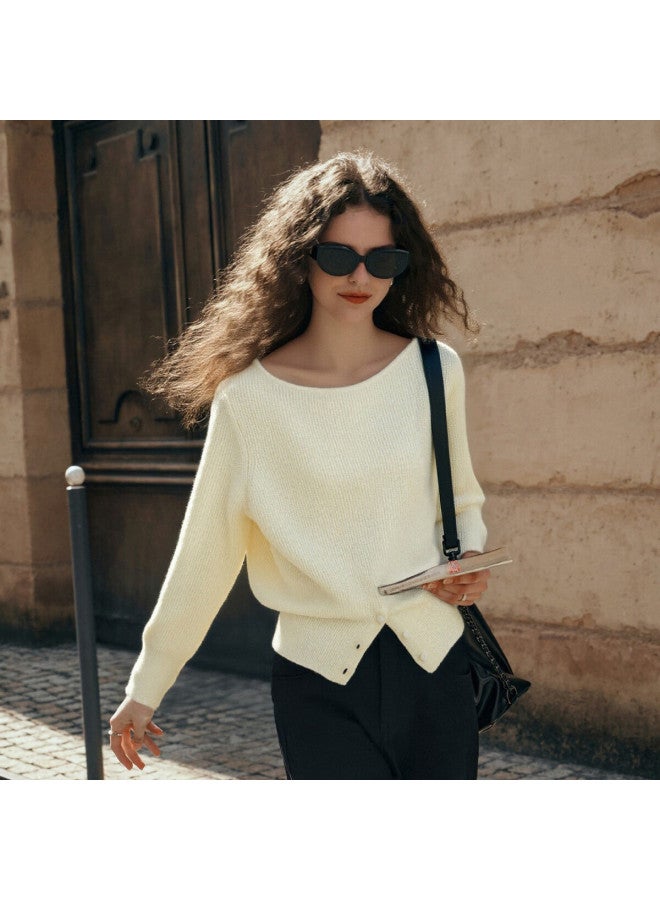 Olrain Eurielle French Style Off-shoulder Sweater Women Spring Autumn New Split Hem Waist Slim Pullover Apricot XL - Image 1