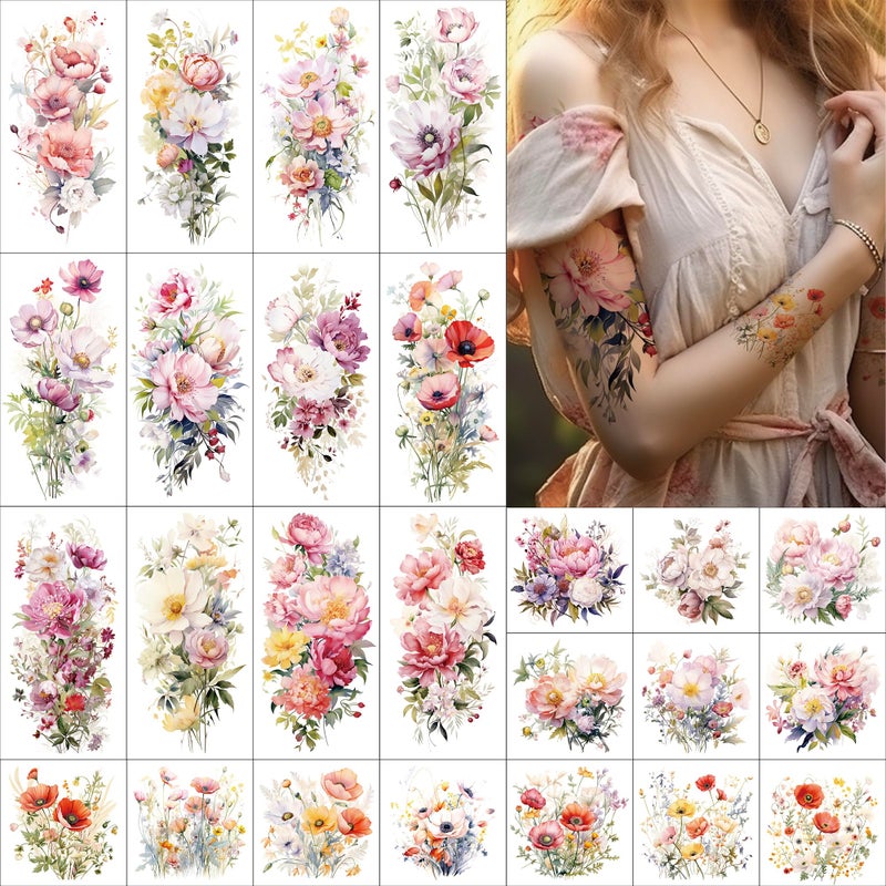 Everjoy Flower Temporary Tattoo Sleeve Sheets Kit, 12 Large Watercolor Floral Tattoo Stickers, 13 Small Fake Flower Tattoo Designs for Women and Girls - Image 1