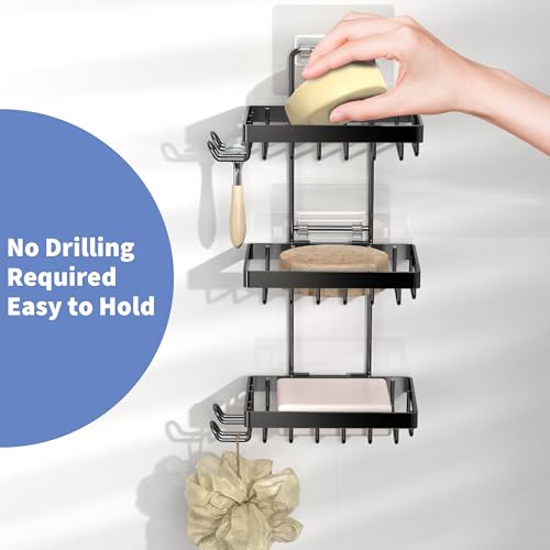 Moforoco 3-Tier Black Soap Bar Holder for Shower, No Drilling, 304 Stainless Steel, Wall Mounted Soap Holder with 4 Hooks and Razor Holder, Shower Rack Soap Tray Bar Soap for Bathroom Accessories - Image 2