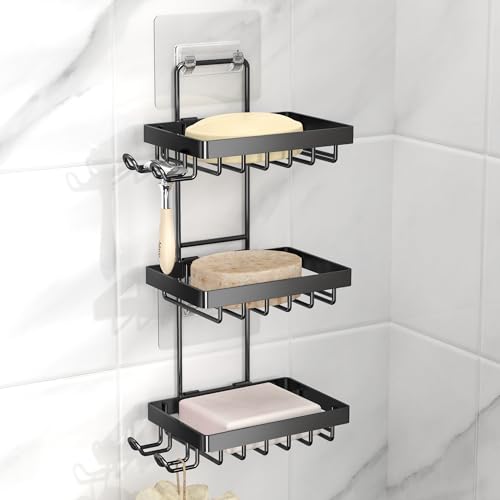 Moforoco 3-Tier Black Soap Bar Holder for Shower, No Drilling, 304 Stainless Steel, Wall Mounted Soap Holder with 4 Hooks and Razor Holder, Shower Rack Soap Tray Bar Soap for Bathroom Accessories - Image 1