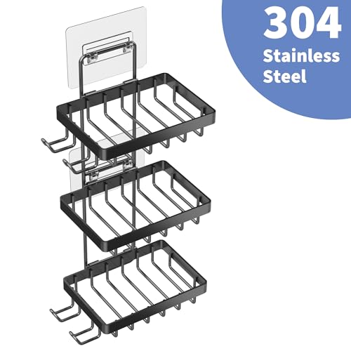Moforoco 3-Tier Black Soap Bar Holder for Shower, No Drilling, 304 Stainless Steel, Wall Mounted Soap Holder with 4 Hooks and Razor Holder, Shower Rack Soap Tray Bar Soap for Bathroom Accessories - Image 5