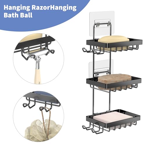 Moforoco 3-Tier Black Soap Bar Holder for Shower, No Drilling, 304 Stainless Steel, Wall Mounted Soap Holder with 4 Hooks and Razor Holder, Shower Rack Soap Tray Bar Soap for Bathroom Accessories - Image 3