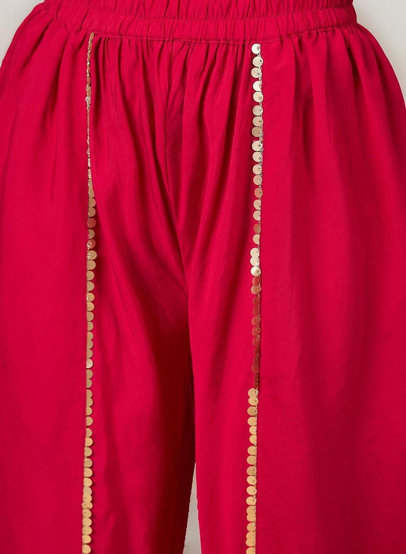 ISHIN Women'S Pink 100% Cotton Self Design Full Length Palazzo Kurta Set - Image 5