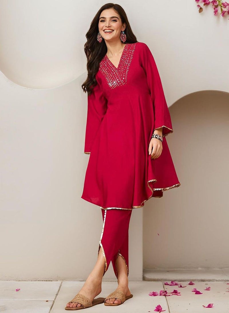 ISHIN Women'S Pink 100% Cotton Self Design Full Length Palazzo Kurta Set - Image 2