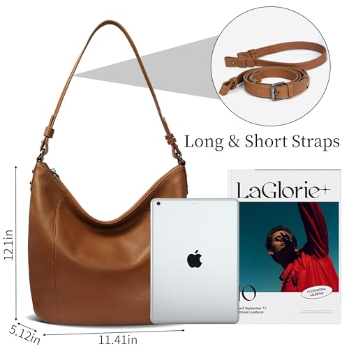 Iswee Genuine Leather Purses for Women Shoulder Purses and Handbags Satchel Brown Tote Bag Soft Medium Hobo Bags Slouchy Pocketbooks (Brown) - Image 3