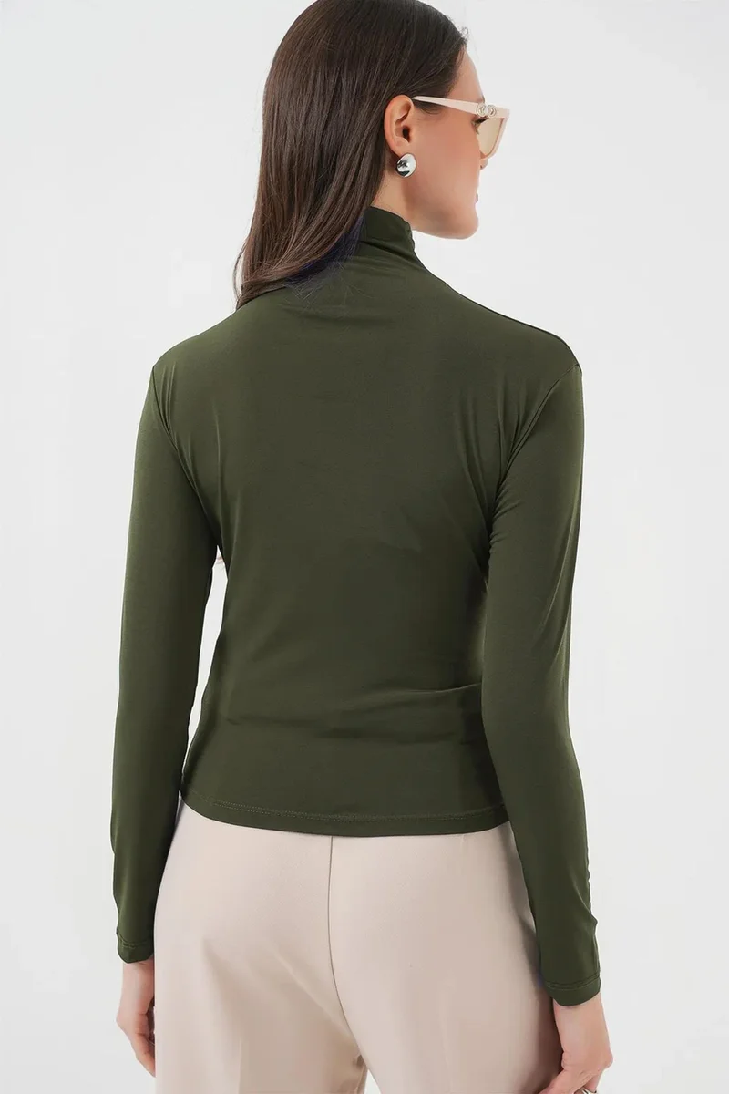 Big Dart Khaki Green BDART Fitted Turtleneck Blouse with Drape Detail for Women | Best Price UAE