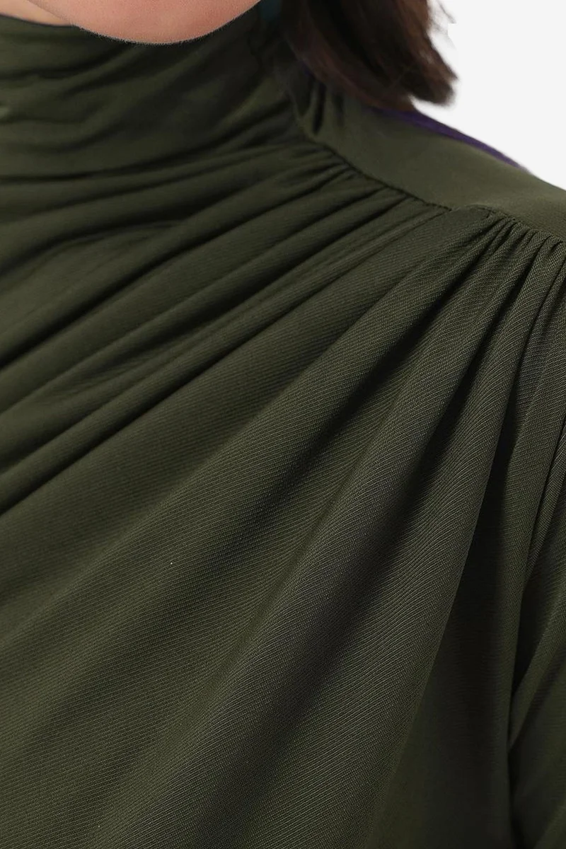 Big Dart Khaki Green BDART Fitted Turtleneck Blouse with Drape Detail for Women | Best Price UAE