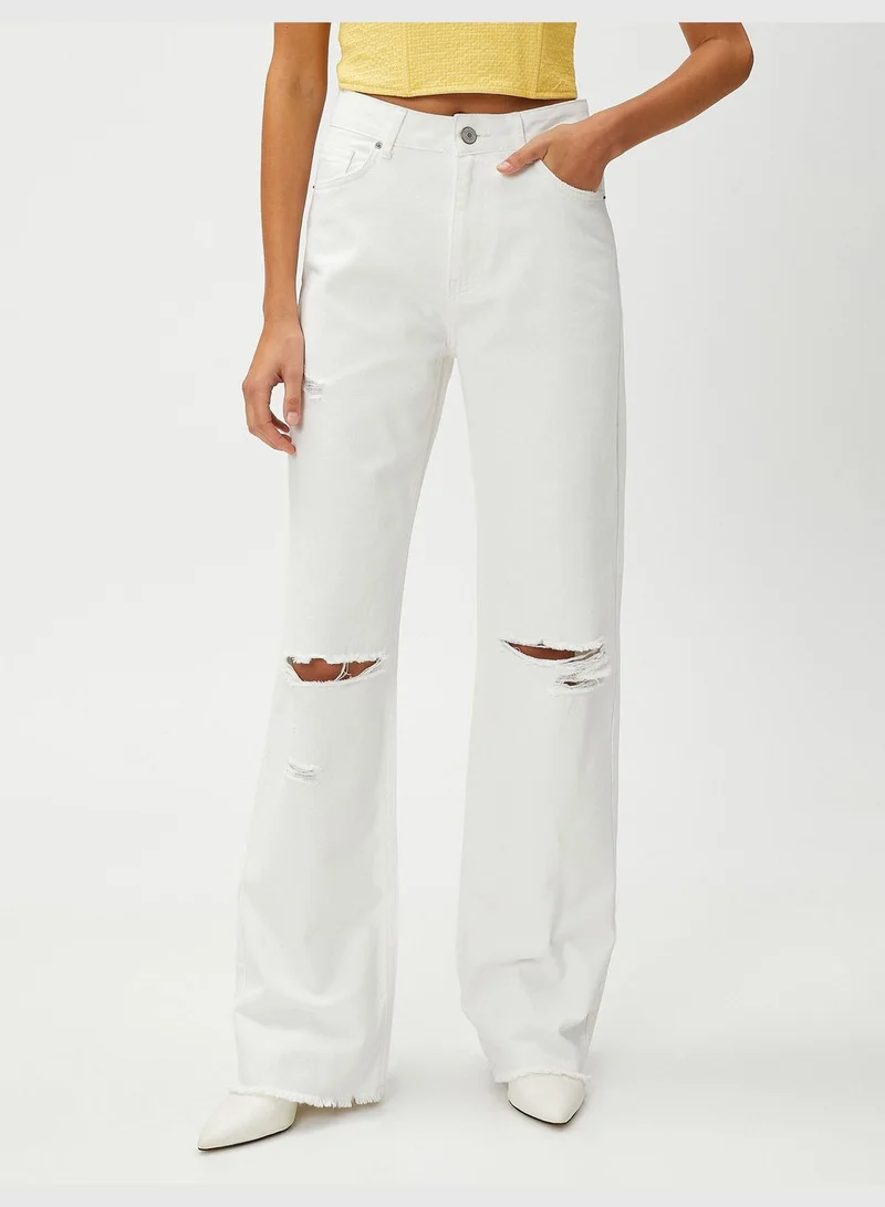 كوتون High Waist Straight Leg Destroyed Denim Trousers - Nora Jeans