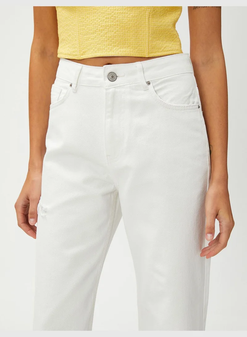 كوتون High Waist Straight Leg Destroyed Denim Trousers - Nora Jeans